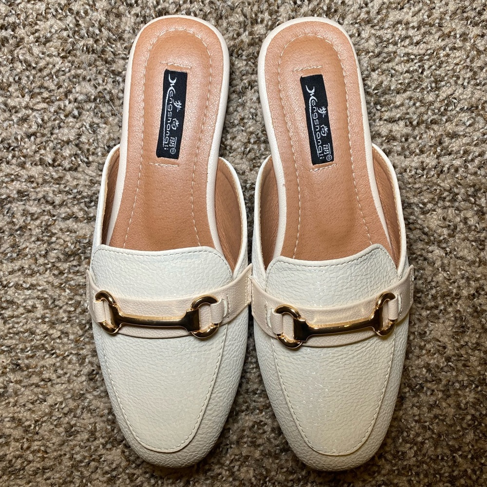 Cream Slip-On Mule Loafers with Gold Bit Hardware
